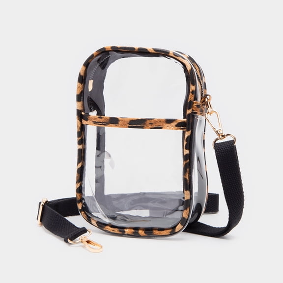 Leopard Patterned Faux Leather Transparent Rectangle Crossbody Bag