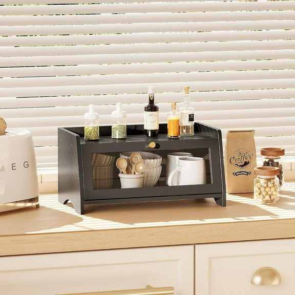 BambooHomie Bread Box for Kitchen Countertop, Bamboo Bread Storage Container for Homemade Bread, Wooden Farmhouse Small Bread Bin Organizer for Counter Cabinet Pantry, Black