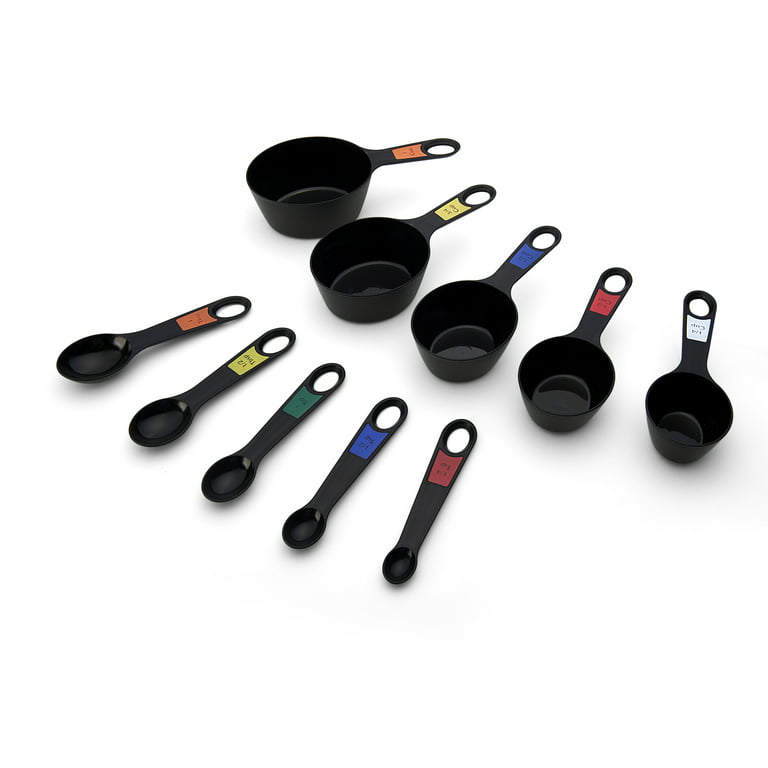 Measuring cup and spoon set, Stainless steel with durable powder coating in  Black, plus attached with black leather