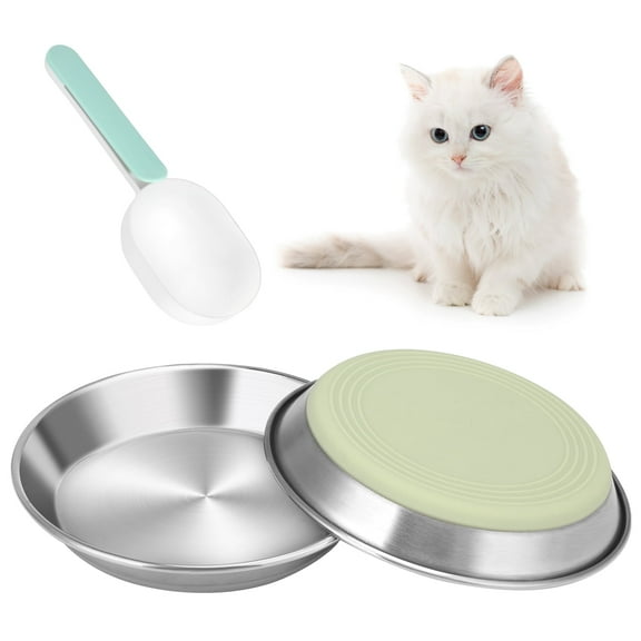 LUIISIS 2 Packs Cat Bowls, Cat Food Bowls with Spoon, 7 Oz Cats Shallow Bowl, Non-Slip Stainless Steel Pet Feeding Bowl Whisker Fatigue Relief, for Small Dogs and Cats
