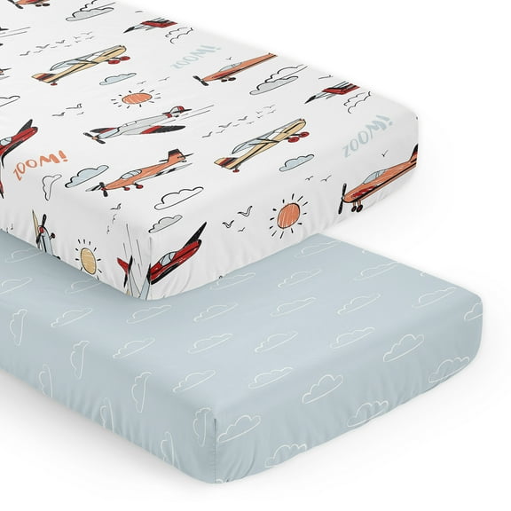 Sweet Jojo Designs Airplane Blue Red and Grey Fitted Crib Sheets 2 Piece Set