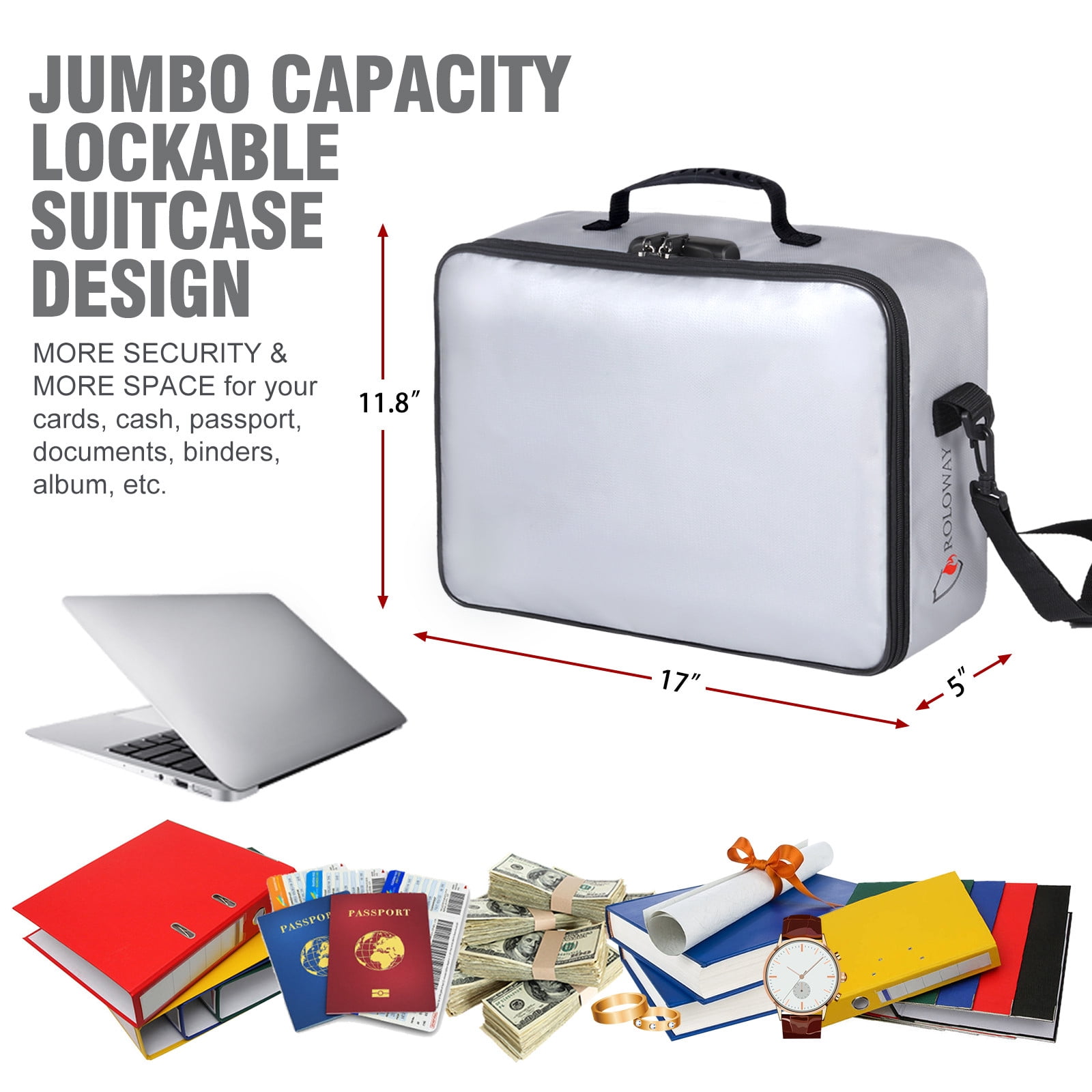 ROLOWAY Fireproof Document Bag (17 x 11.8 x 5 inch) with Lock, Fireproof Document Safe Organizer, Fireproof File Storage Bag, Fireproof Bag with Multi-Layer Portable File Organizers for Travel (Gray)