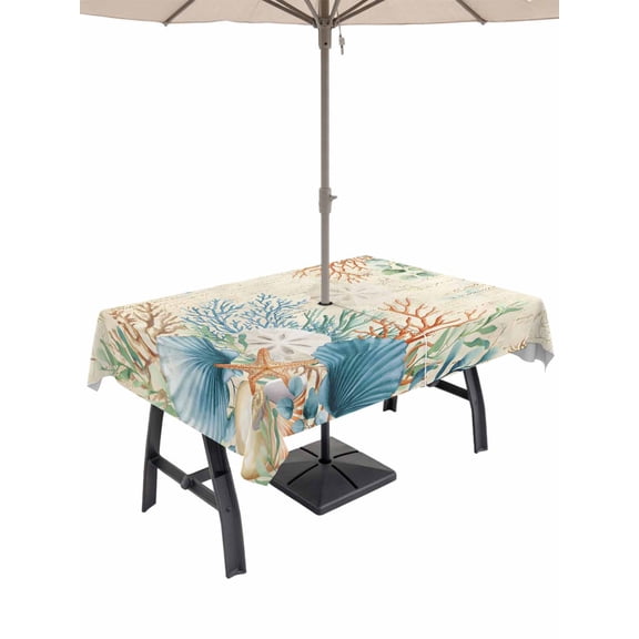 Outdoor Tablecloth with Umbrella Hole and Zipper, Beige Beach Coastal Rectangle Table Cloth 60x84 Inch Waterproof Tablecloth, Summer Nautical Coral Shell Botanical Picnic Table Cover for Patio