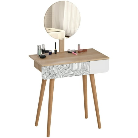 Homcom Vanity Table Round Mirror With One Drawer Makeup Organizer Dressing For Girls Dining Bedroom Use Oak Canada Homcom Vanity Table Round Mirror With, Dressing Table With Round Mirror Attached