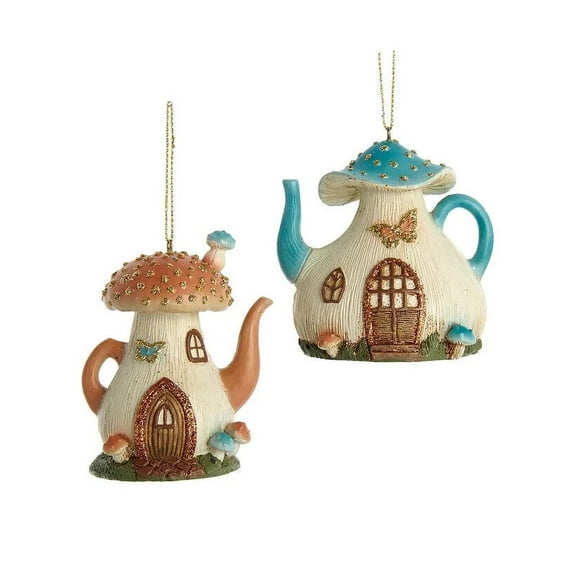 Set of 2 TEAPOT MUSHROOM COTTAGE Fairy Christmas Ornaments, by Kurt Adler