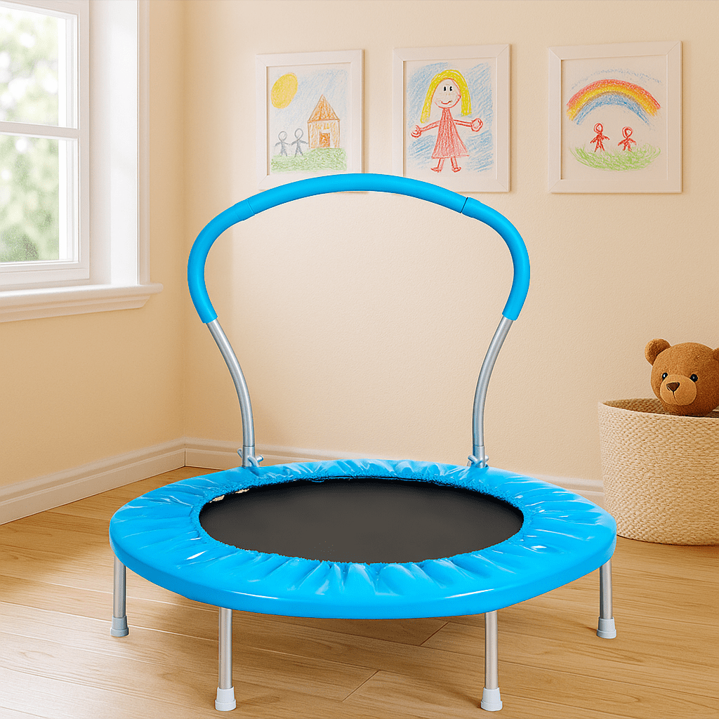 Homy Casa Kids Indoor Trampoline with Handrail – Compact, Safe Playtime for Children, Blue