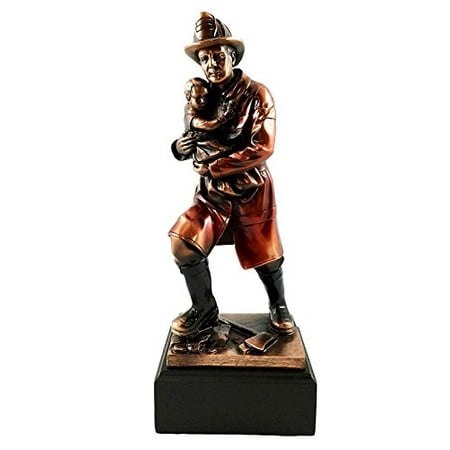Child Bronze Figurine - Men of Duty 911 Fireman Fire Fighter Saving Child Bronze Electroplated Figurine With Base