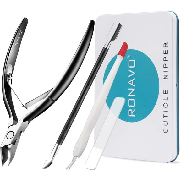 RONAVO Cuticle Trimmer Set - Includes Cuticle Nippers, Cuticle Pusher, Glass Nail File, Cuticle Cutter.Professional Cuticle Remove Kit Stainless Steel Extremely Sharp Cutter Pedicure Manicure Tool