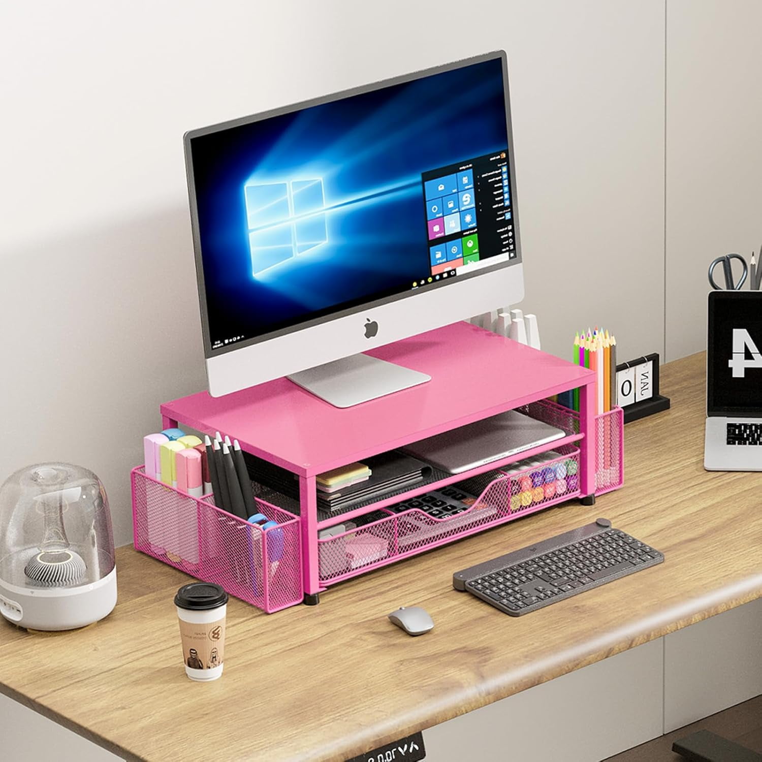 A house of tools Desk Organizer and Accessories, 2-Tier Computer Monitor Stand with Drawer and 2 Pen Holders, Office Desk Accessories for Office Supplies, Carmine Rose