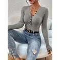 thumbnail image 4 of Women'S Long Sleeve Henley Tops Ribbed Knit Slim Fitted Trendy T Shirt Basic Tees Layer Fashion Outfits Gray S, 4 of 9