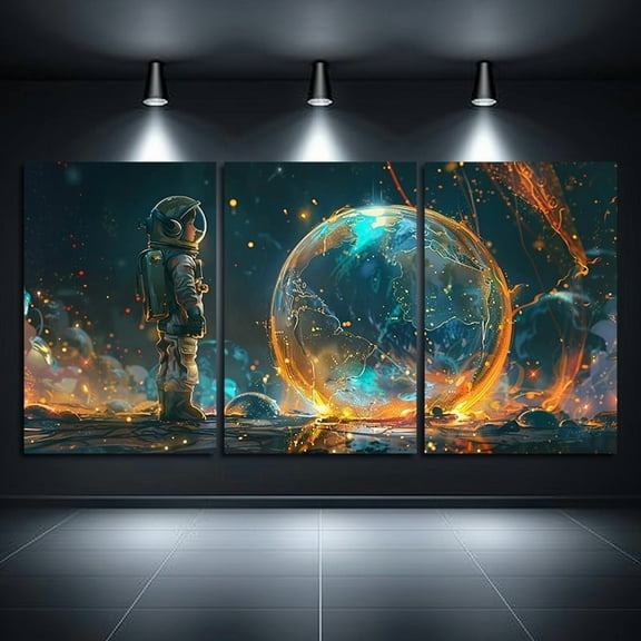 Astronaut and Cosmic Sphere Triptych Wall Art - Set of 3 Modern Abstract Space Themed Rolled Canvas Paintings, Cloth Material, Frameless Home & Office Decor 12x18 Inches each