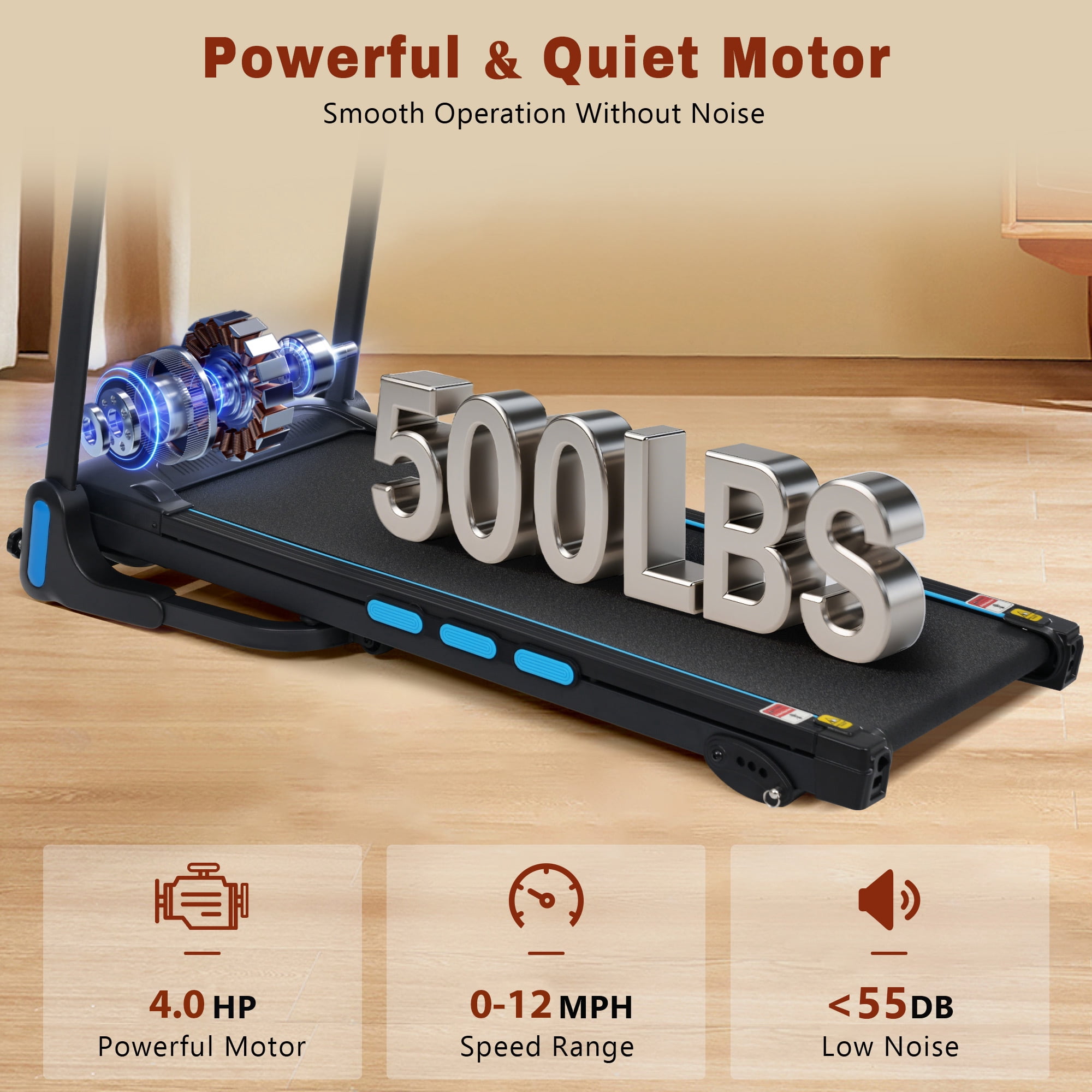 NYBOPAVIS Treadmill for Home, 4.0 HP Treadmill 500 lbs Capacity, Hydraulic System Auto-Folding Treadmill with Type C & USB Charge Station , 10MPH, Bluetooth Speaker