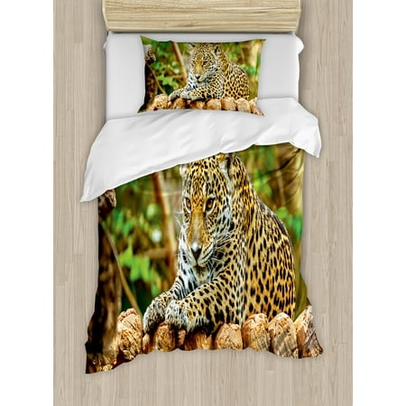 Woody Duvet Cover Zoo Duvet Cover Set, Jaguar on Wood Floor Wildlife Animals Feline Big Cat Mammal Predator Resting, Decorative Bedding Set with Pillow Shams, Green Yellow Brown, by Ambesonne ()