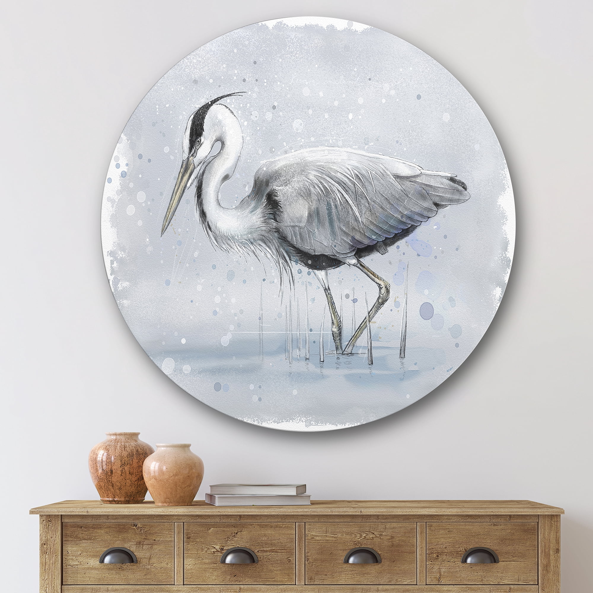 Designart 'Grey Heron Bird In Lake' Farmhouse Circle Metal Wall Art 36x36 - Disc of 36