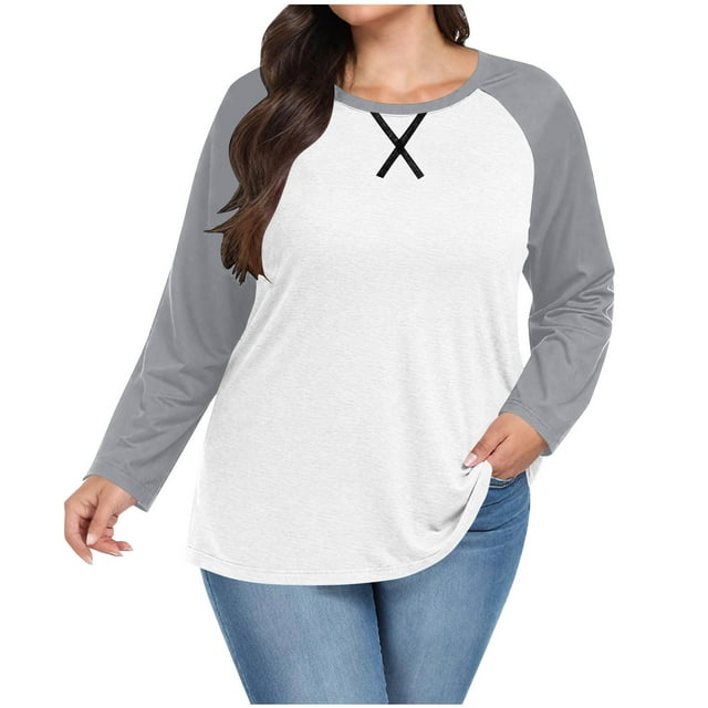 BLVB Plus Size Tops for Women Long Sleeve Casual Crewneck Ragal Shirts Color Block Tunic Henley Fall Blouse S-5XL