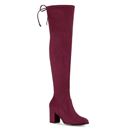 BLISSFUL STEP Women s Boots Round Toe Block Heel Over Knee High Faux Suede Boots Burgundy 6