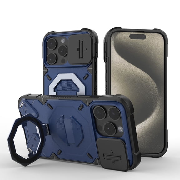 Military Grade Shockproof Case for iPhone 15 Plus – Outdoor Sports Phone Case, Magnetic Ring Stand Cover, Mag Safe Compatible, with Sliding Lens Cover & Double Hole for Hook Up -- Blue