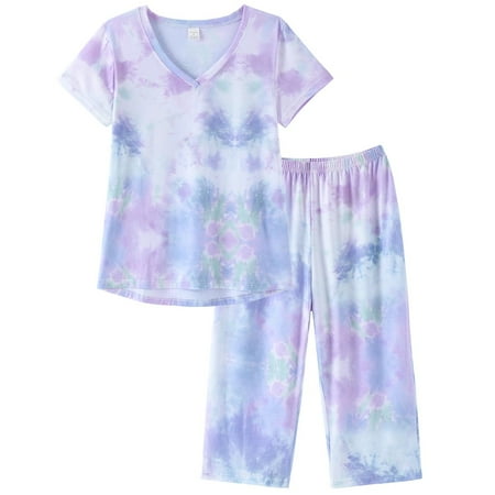 

MyFav Women s Capri Pajama Sets Plus Size Sleepwear Top with Capri Pants 2 Piece Loungewear Set L