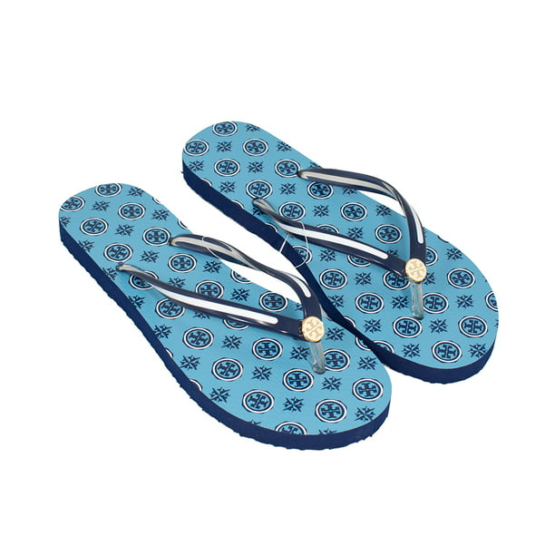 Tory Burch Coastline Blue Compass Neckerchief T Logo Printed Gold Logo Flip  Flops Flats Sandals Size 11 