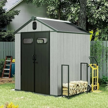 Domi Outdoor Living 6x6 FT Outdoor Resin Storage Shed Waterproof Plastic Garden Shed with Lockable Doors Windows & Vents Large Outdoor Tool Shed for Patio Lawn Mower Bikes & Garden