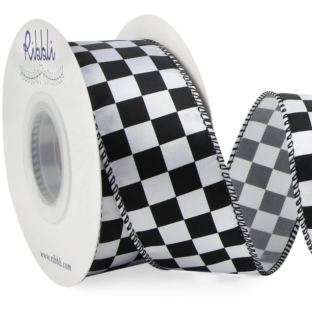 Cinta decorativa Ribbli con alambre satinado a cuadros, 3,8 cm x 9,1 m