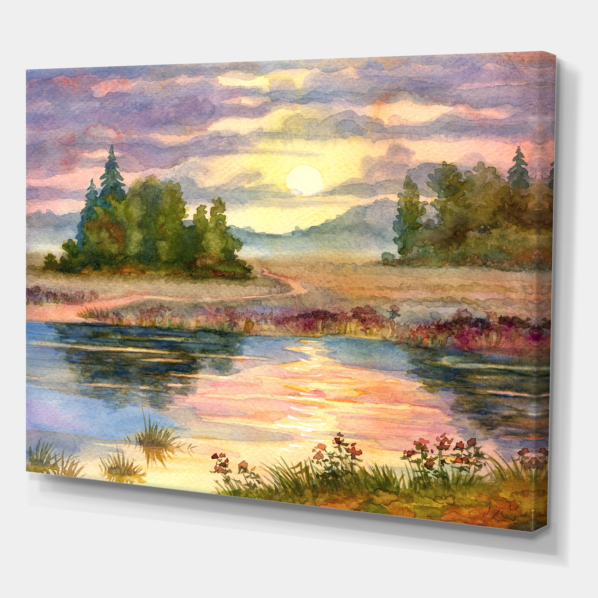 Designart ' The Rural Lake In Sunset Evening I ' Traditional Canvas Wall Art Print