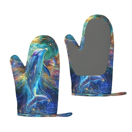 

Zufioo Colorful Winged Dolphin Print Silicone Anti-Scalding Gloves Kitchen Hanging Rope Gloves Kitchen Utensils Suitable for Barbecue Baking Cooking