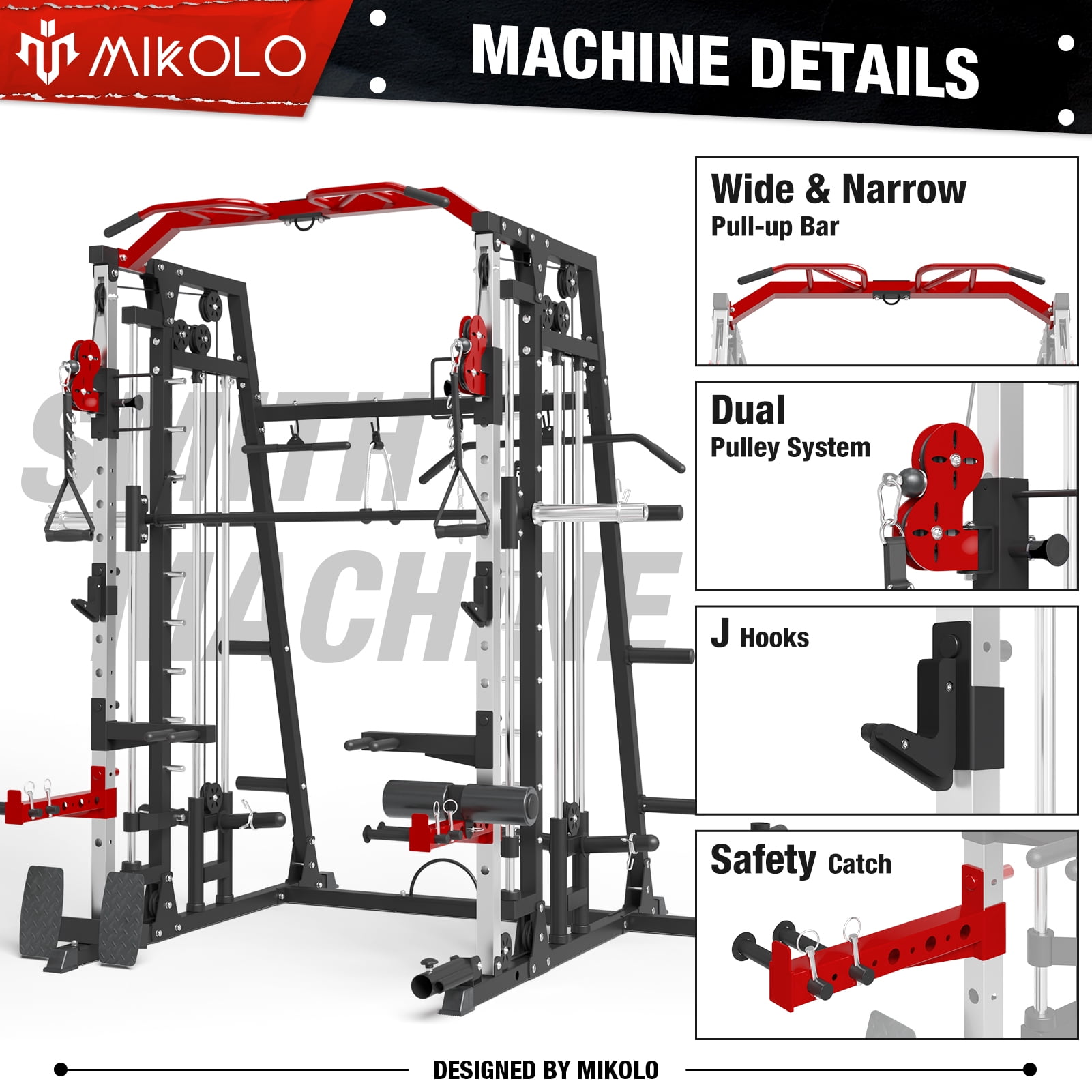 MDJB Smith Machine Home Gym, 2200 lbs Power Rack Cage with 800 lbs Capacity Adjustable Bench and Cable Crossover System, Weight Bar, 360° Landmine, Home Gym