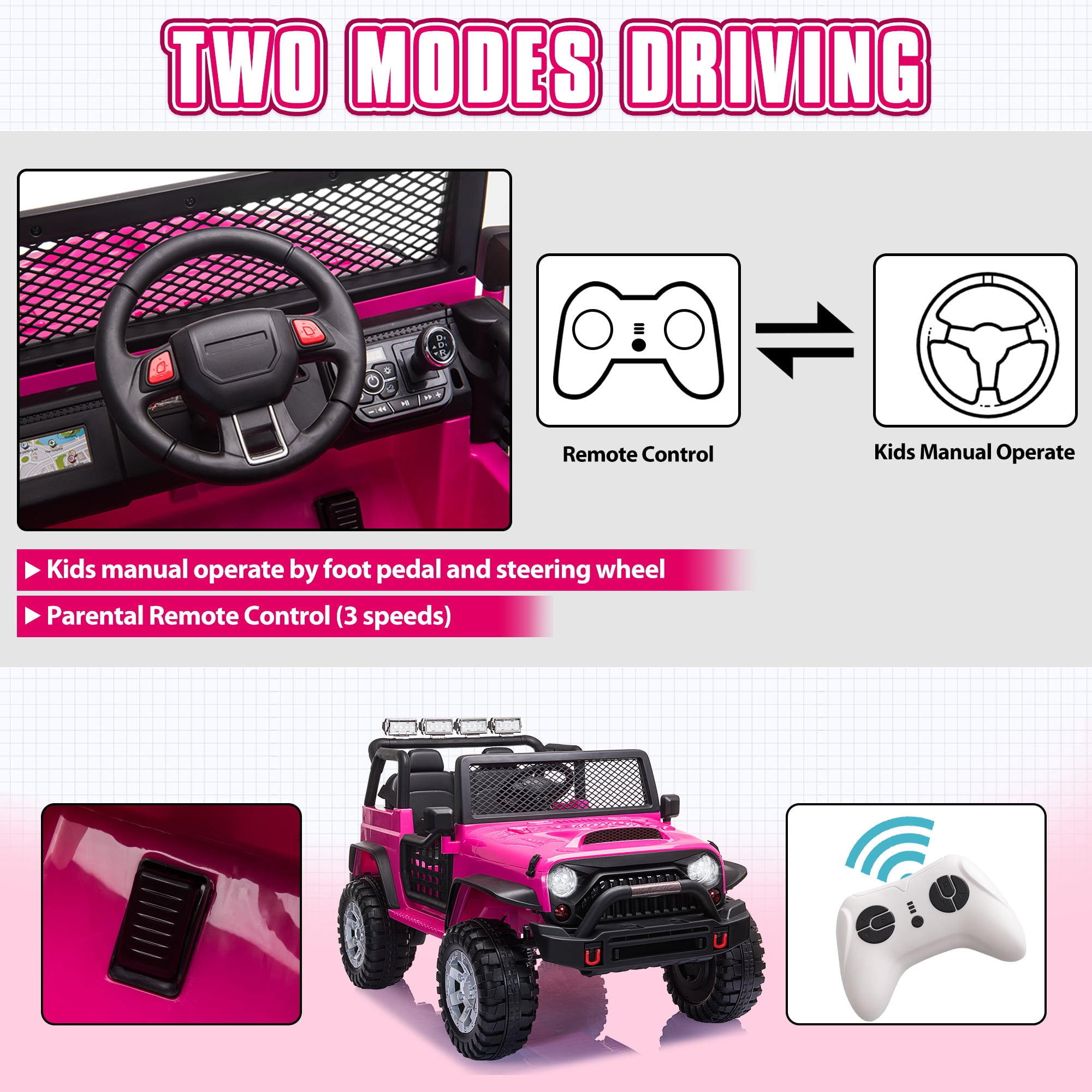 TOBBI 12V Kids Ride on Car, Jeep Car with Remote Control, LED Lights, Music, Horn, Bluetooth, Spring Suspension, Rocking, Rose Red