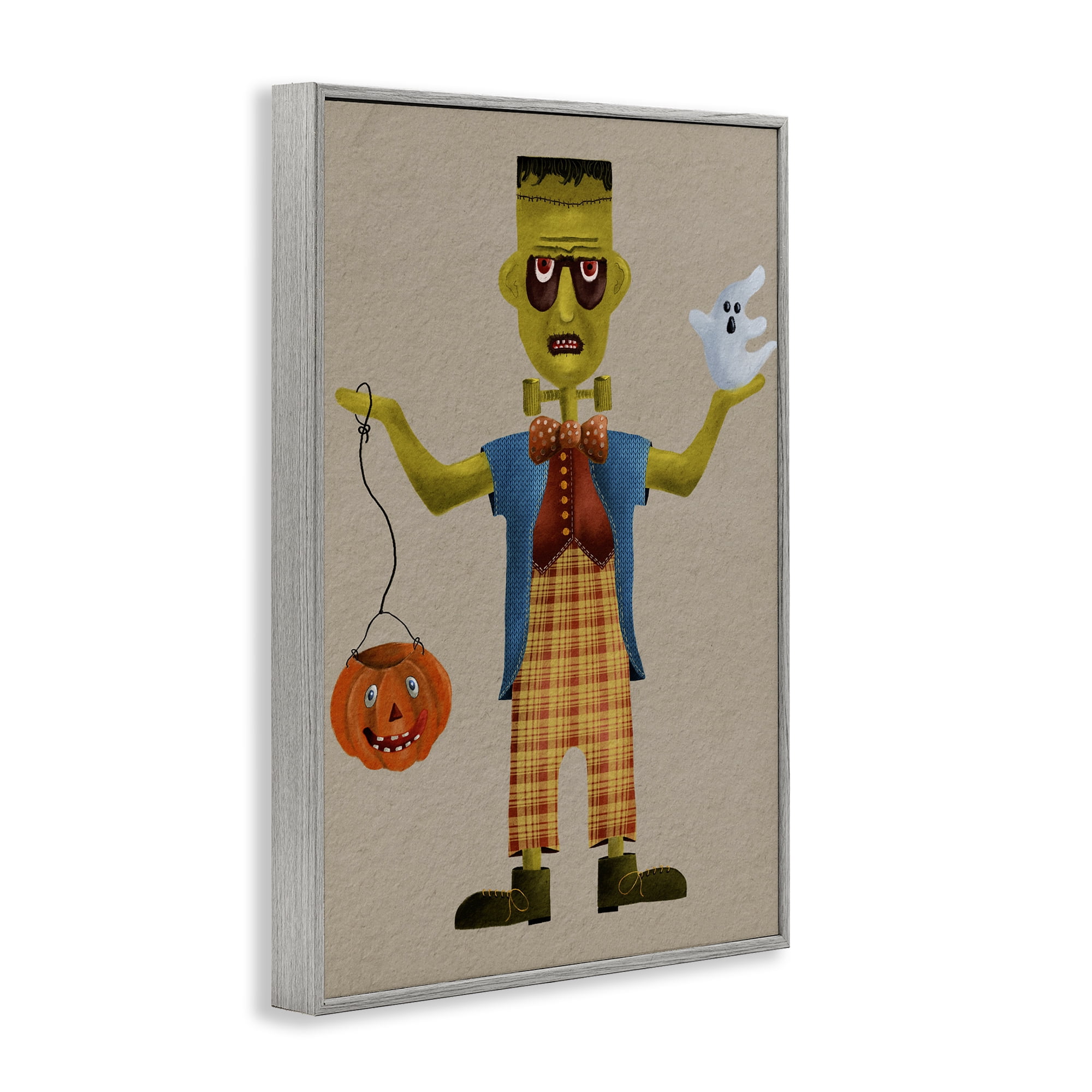 Stupell Industries Halloween Monster & Ghost Holiday Painting Gray Framed Art Print Wall Art, 12 x 18