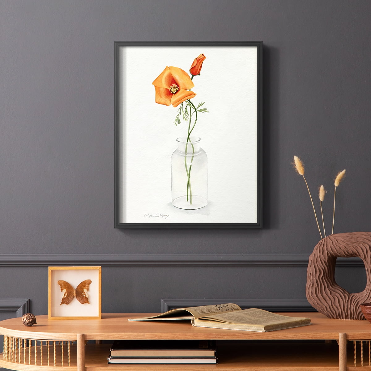 California Poppy Vase I Framed Print in Black Solid Wood Framed Print No Nail Hanging
