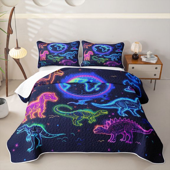 Manfei Neon Dinosaur Wildlife Twin Quilt Set,Gothic Cloud Stars Twin Coverlet Set,Blue Pink,2pcs,1 Bedspread and 1 Pillowcase