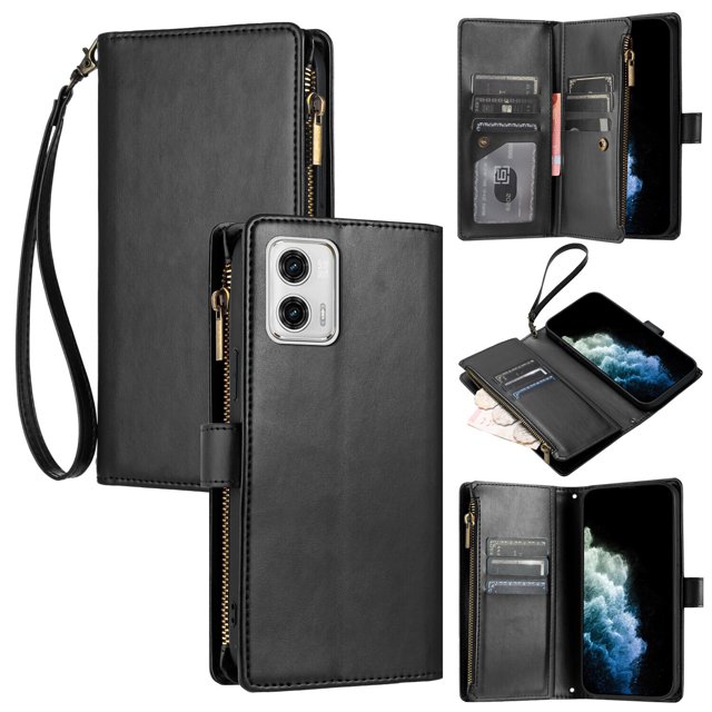 Compatible with Motorola Moto G 5G 2023 Wallet Case Premium Zipper Large Space Flip PU Leather Cover