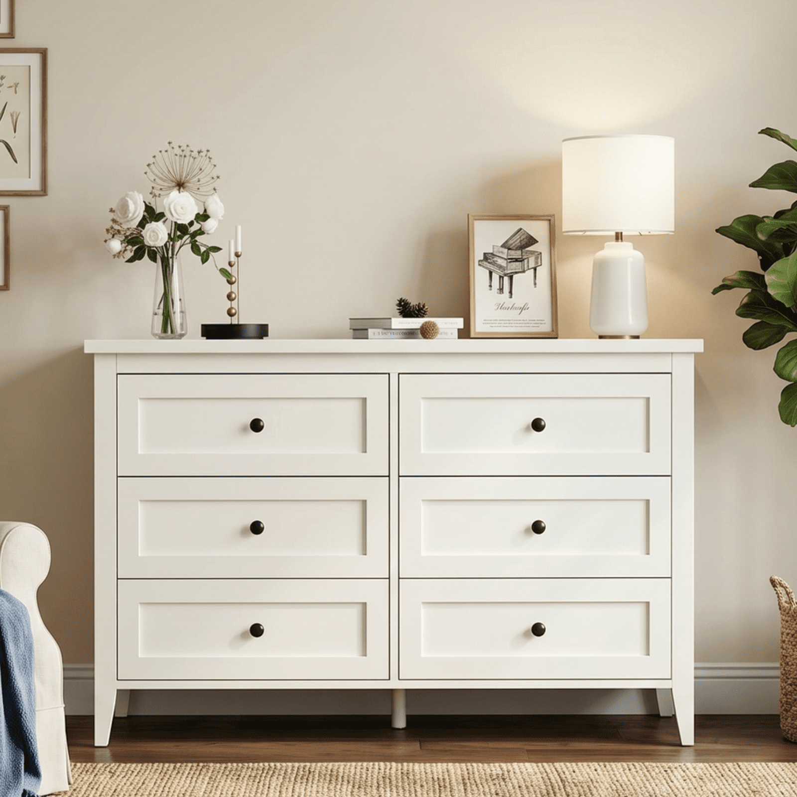 RichYa 6 Drawer Dresser for Bedroom,Chest of Drawers with Metal Knobs,Dresser for Closet,White