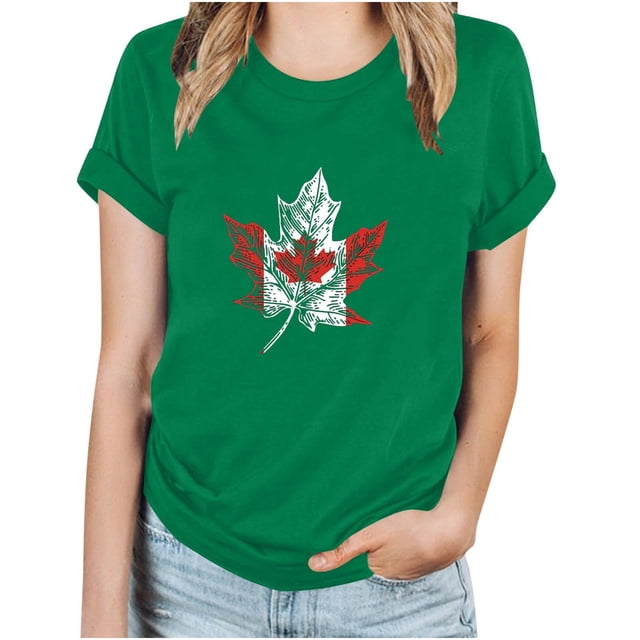 Camisetas de Manga Corta para Mujeres Canadá Día Hoja de Arce Impresión Básica de Verano Tee, Cuello Redondo Camiseta Casual