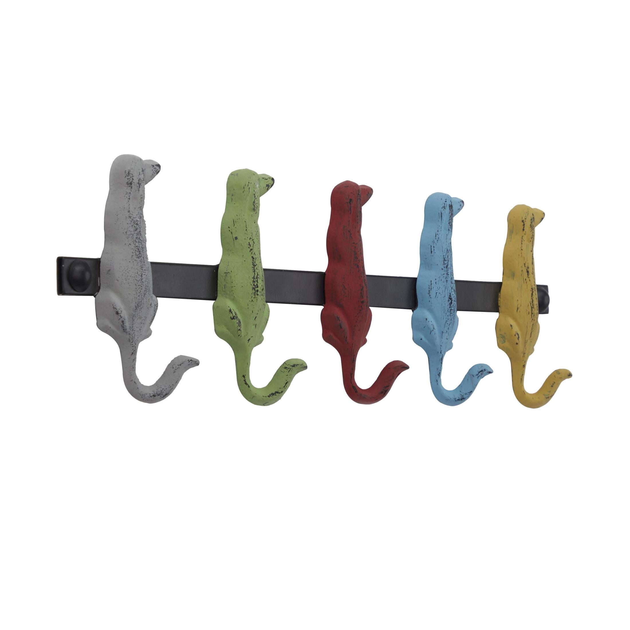 DecMode 19" x 5" Multi Colored Metal 5 Hanger Dog Wall Hook, 1-Piece