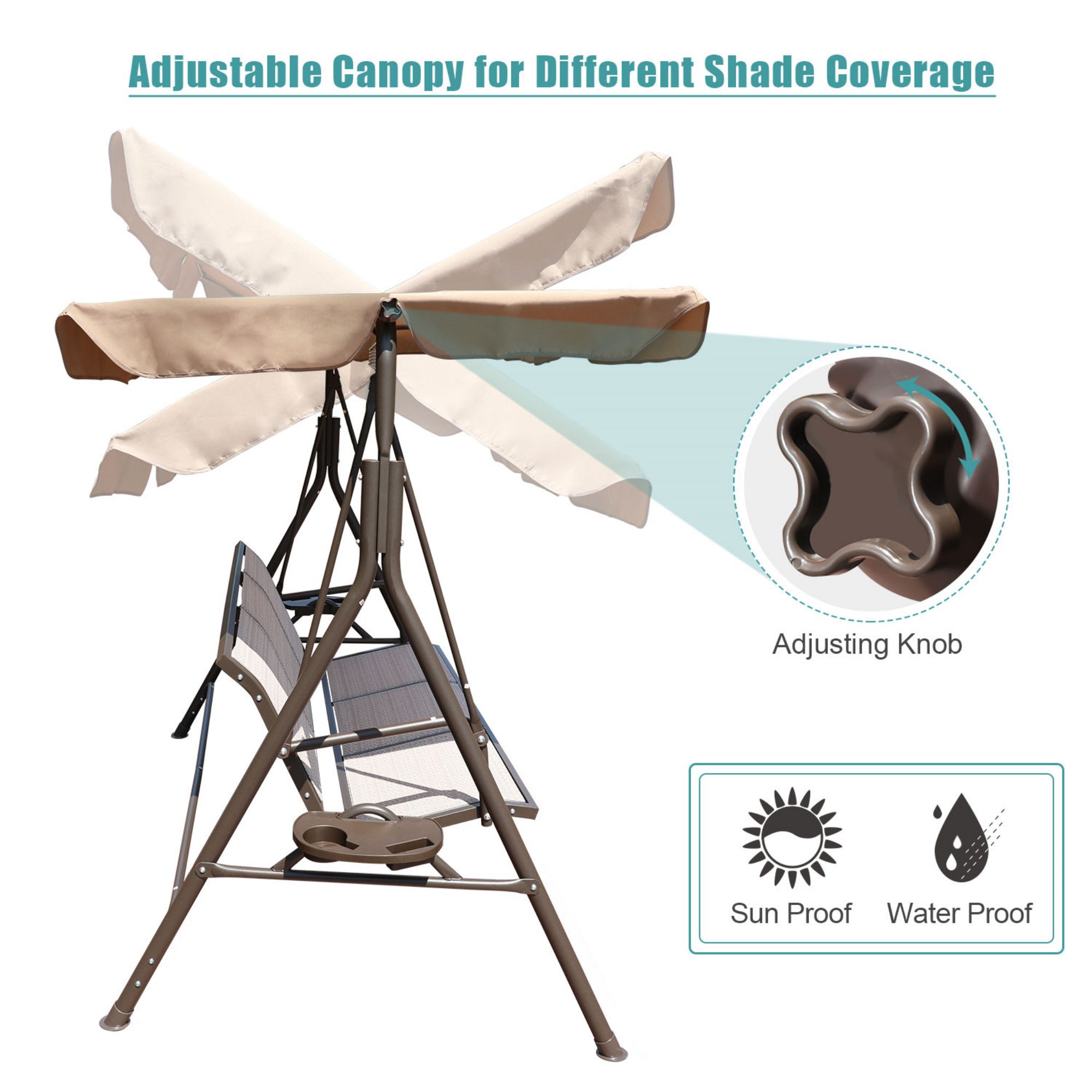 3 Person Beige Patio Swing Seat with Adjustable Canopy, All Weather Resistant Hammock Swinging Chair Bench - image 5 of 11