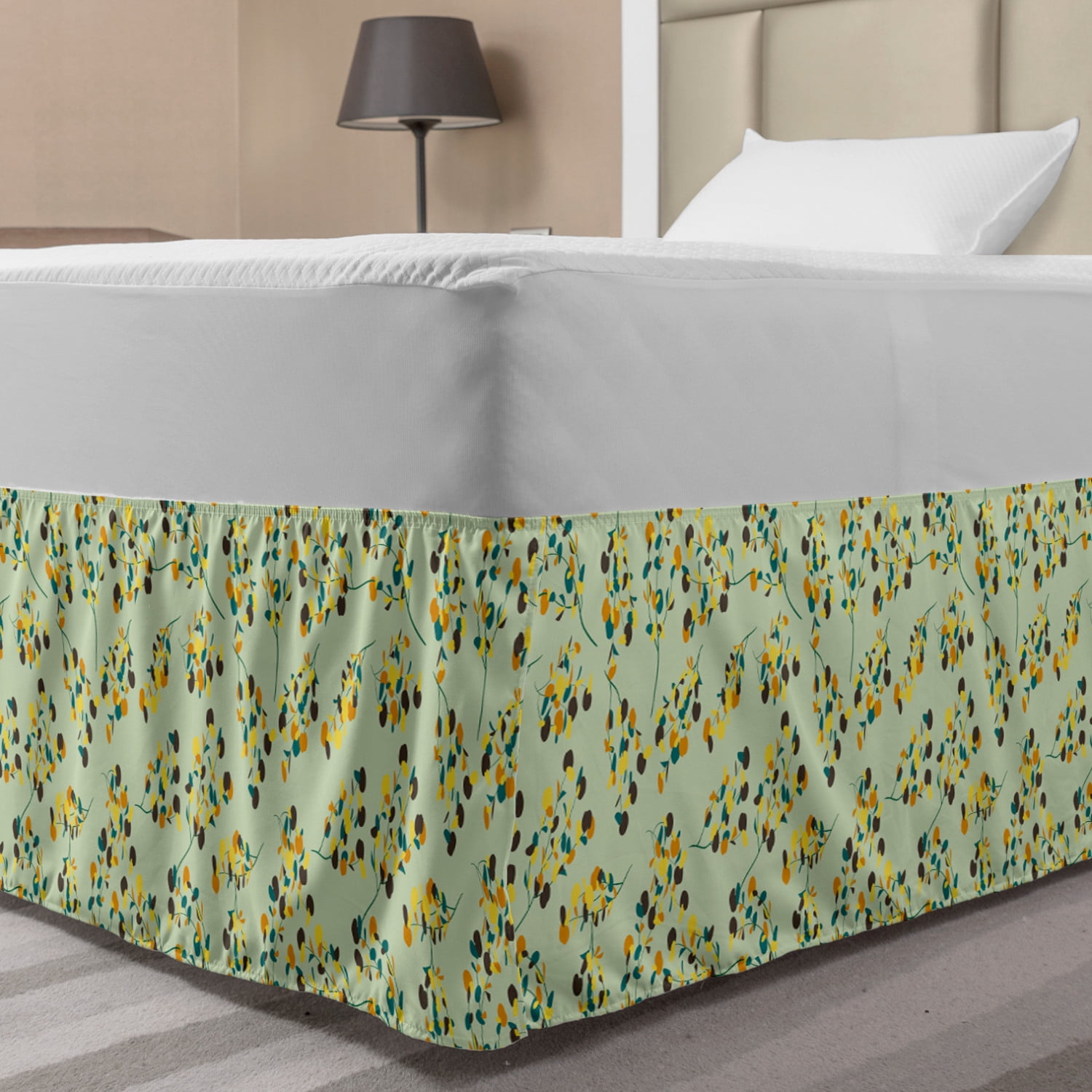 Floral Bed Skirt, View of Botanical Branches Flourishing in Summer