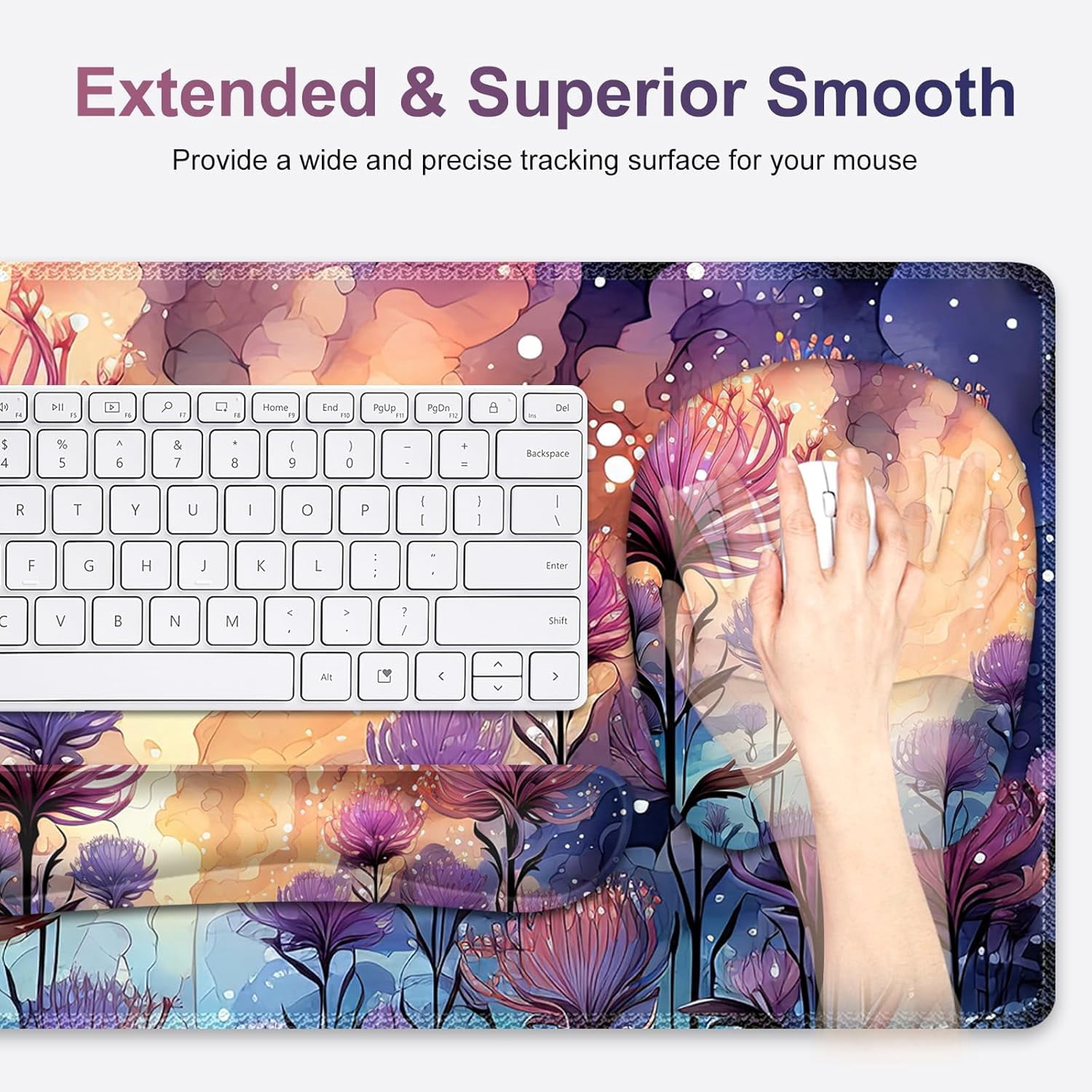 4 in 1 Large Mouse Pad, Keyboard Wrist Rest Set, Ergonomic Mouse Pad with Wrist Support, Desk Mat with Stitched Edges, Extended Desk Pad Waterproof Desk Mat for Home Office I Blossom Purple Flower