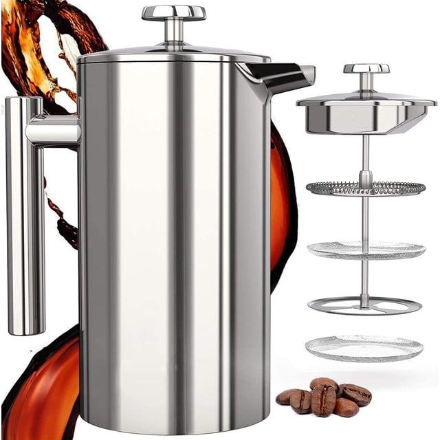 French Press, Double Wall 18/8 Stainless Steel Coffee & Tea Maker,