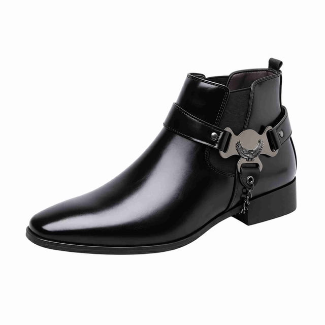 Men's Eagle Metal Buckle Chelsea Boots, Pointed Toe PU Leather Side-Zip Ankle Boots, Punk Rock Style Chain-Decorated Boots for Daily, Party, Performance Wear