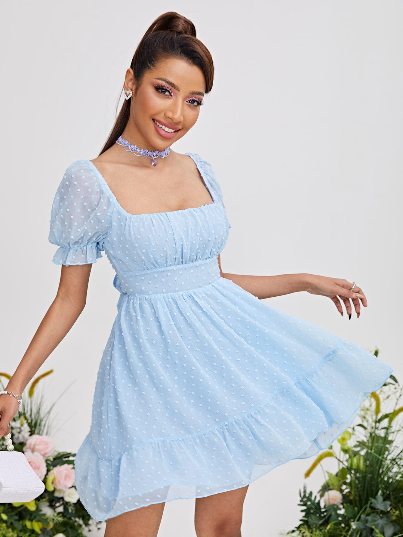 Swiss Dot Puff Sleeve Ruffle Hem 