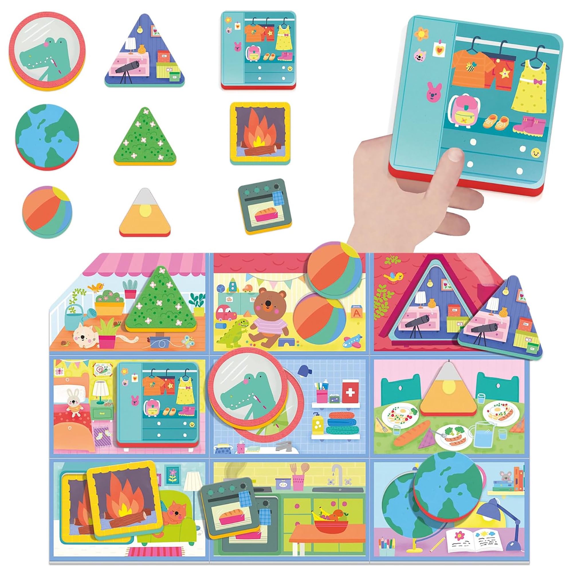Headu: Wooden Shapes Montessori - Baby House - Animal & Objects Matching Game, Sorting & Tile Positioning Activity, Scene Puzzle Play, Toddlers 1-3