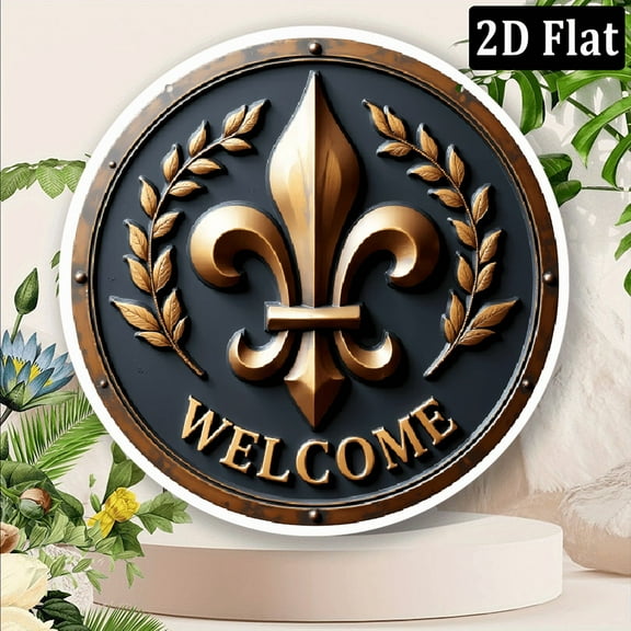 2D Flat, 1pc Fleur-de-Lis Welcome Sign - 8x8 Inch Round Frameless Aluminum Wall Art, Golden on Black Metallic Finish, 2D Flat Decorative Plaque for Home, Porch, Bathroom & Front Door Decor, Entryway