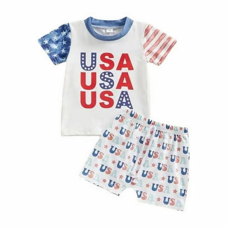 

Independence Day Boys Set Stripes Letter Print Contrast Color Crew Neck Short Sleeve T Shirt Pants Casual Two Piece Set Kids Clothing Set