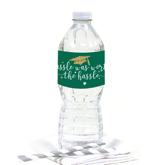 Emerald Forest Green and Gold Glittering Graduation Party, Water Bottle Labels, 20-Pack