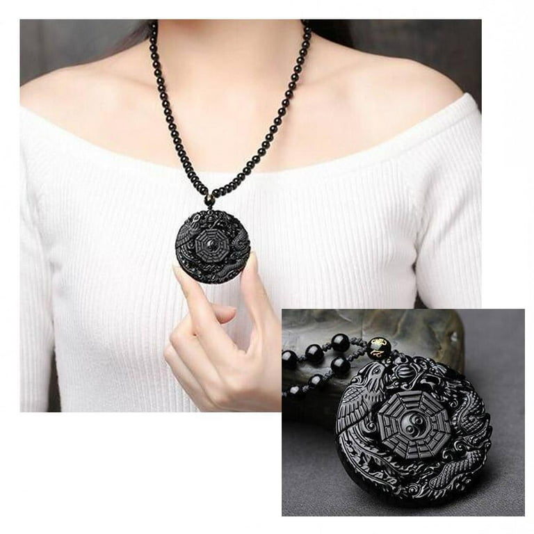 Unisex Obsidian Necklace Nature Stone Carving Dragon Phoenix