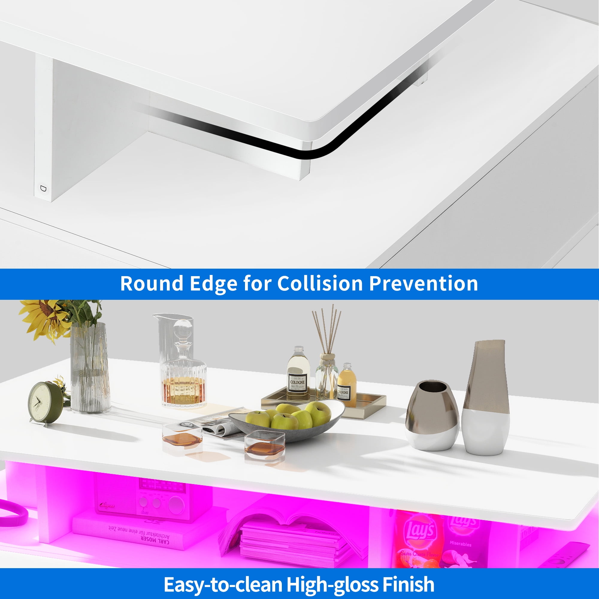 Uforic LED Coffee Table, Modern Center Tables with Storage for Living Room, White