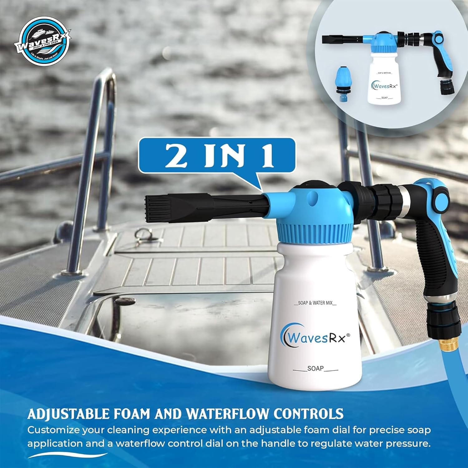 WAVESRX Foam Cannon Sprayer Gun and Boat Cleaner | Dual-Use Marine Soap Foamer to Quickly Wash and Rinse Salt Away