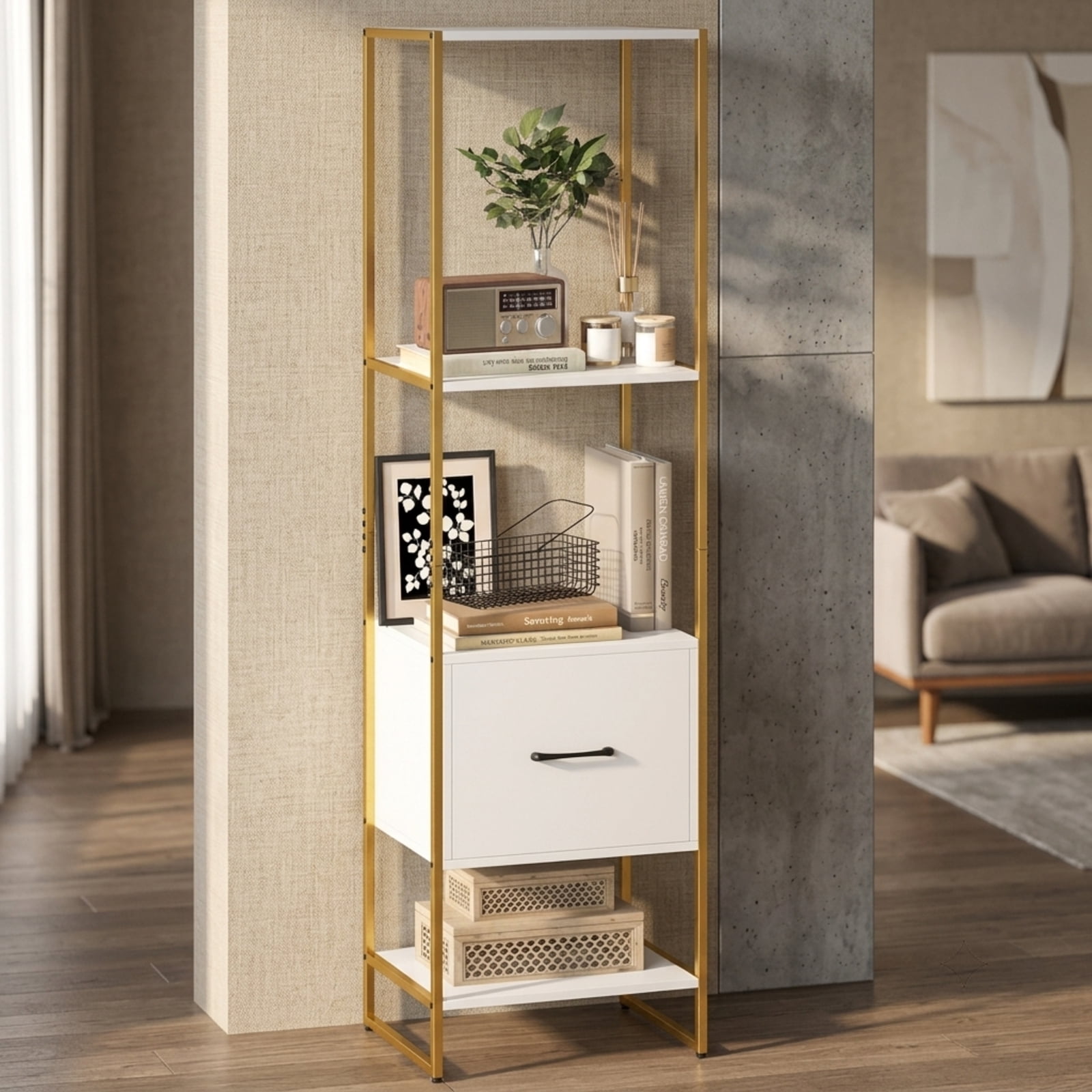 Furnibear 5-Tier Narrow Bookcase with 4 Open Shelves and Storage Drawer for Living Room Home Office Bedroom Display Storage Shelf, White